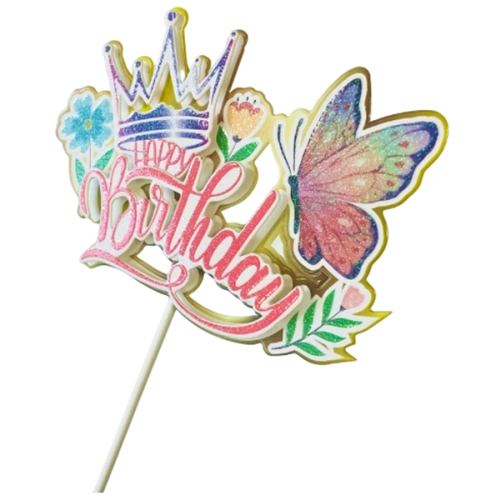 Topper ozdoby na tort napis Happy Birthday kwiaty korona motyl dekoracje urodzinowe